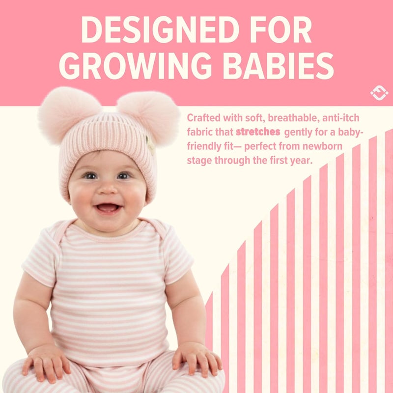 Funky Junque Double Pom Pom Baby Beanie – Newborn Girl Winter Hat 0–12 Months, Cute Cozy Knit Infant Beanies for Cold Weather - Image 2